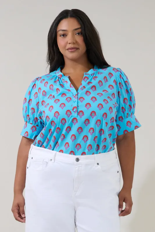Rosio Button Split Neck Top Floral Curve made by Sugarlips