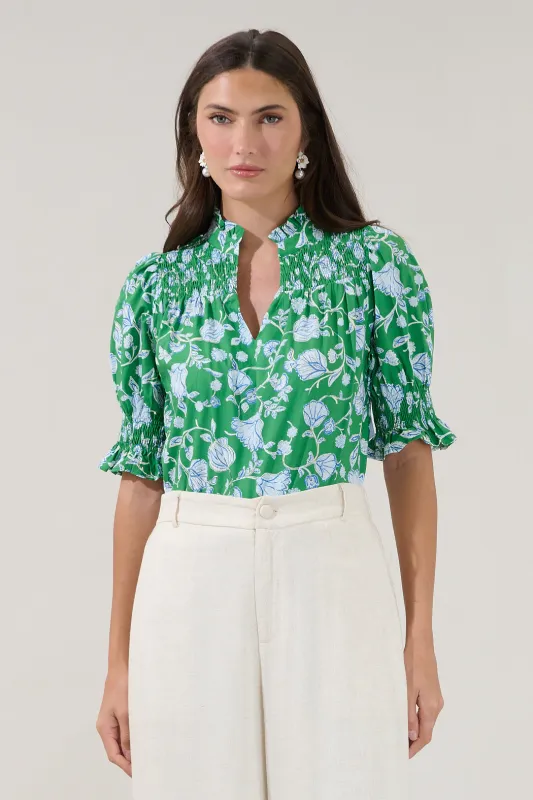 Kenna Puff Sleeve Smock Top Mist Floral made by Sugarlips