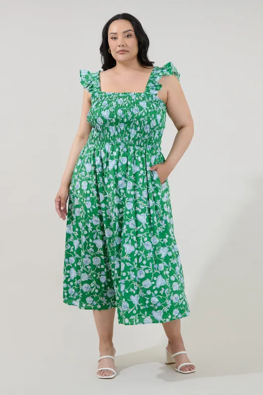 Heidi Smocked Midi Dress Mist Floral Curve made by Sugarlips