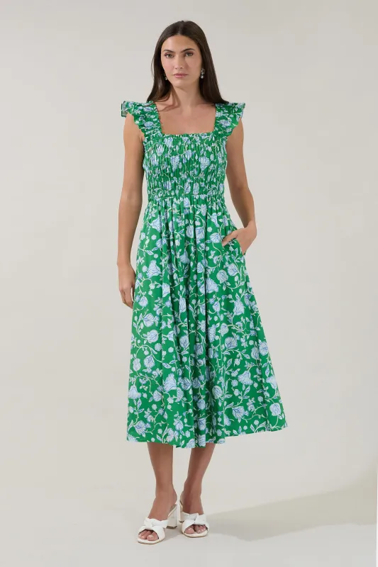 Heidi Smocked Midi Dress Mist Floral made by Sugarlips