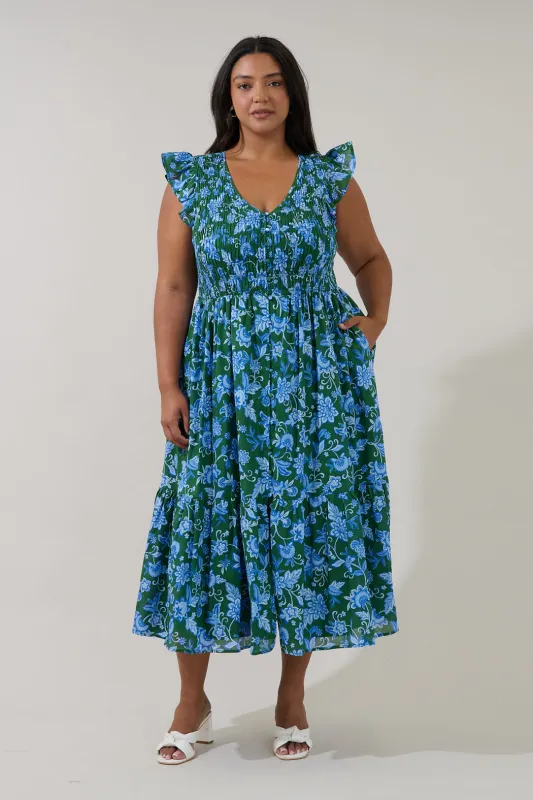 Angie Smocked Tiered Midi Dress Cornflower Curve made by Sugarlips