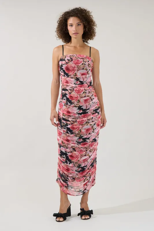 Jenna Ruched Mesh Midi Dress Floral made by Sugarlips