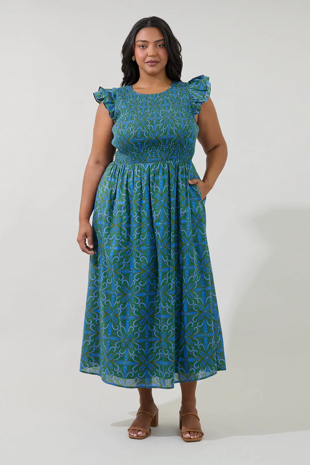 Ezme Smocked Maxi Dress Medallion Curve sold by Sugarlips
