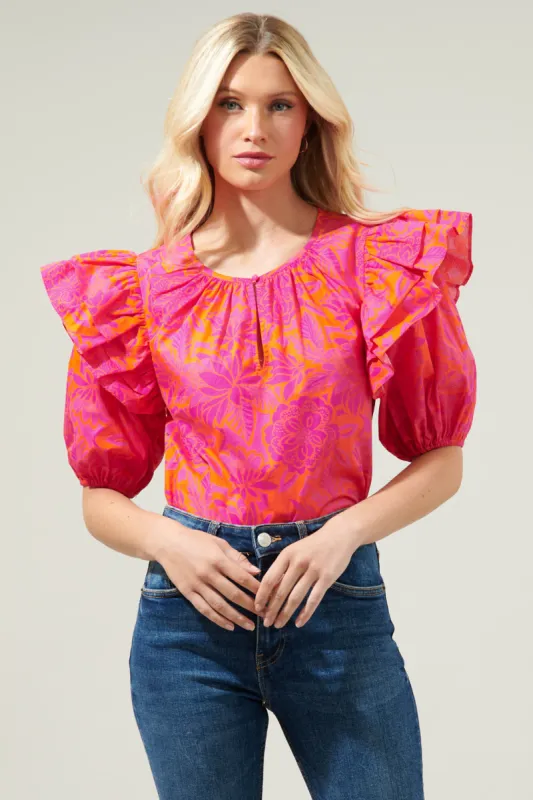 Bali Tropics Flores Poplin Ruffle Short Sleeve Top sold by Sugarlips