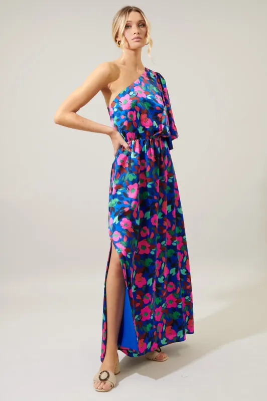 Vivi Berry Floral Meara One Shoulder Satin Maxi Dress sold by Sugarlips