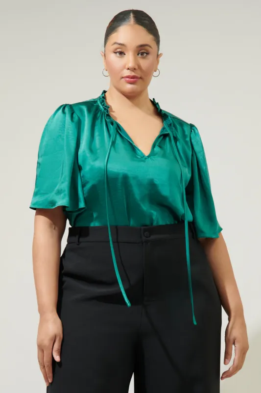 Angela Satin Tie Neck Flutter Sleeve Blouse Curve sold by Sugarlips