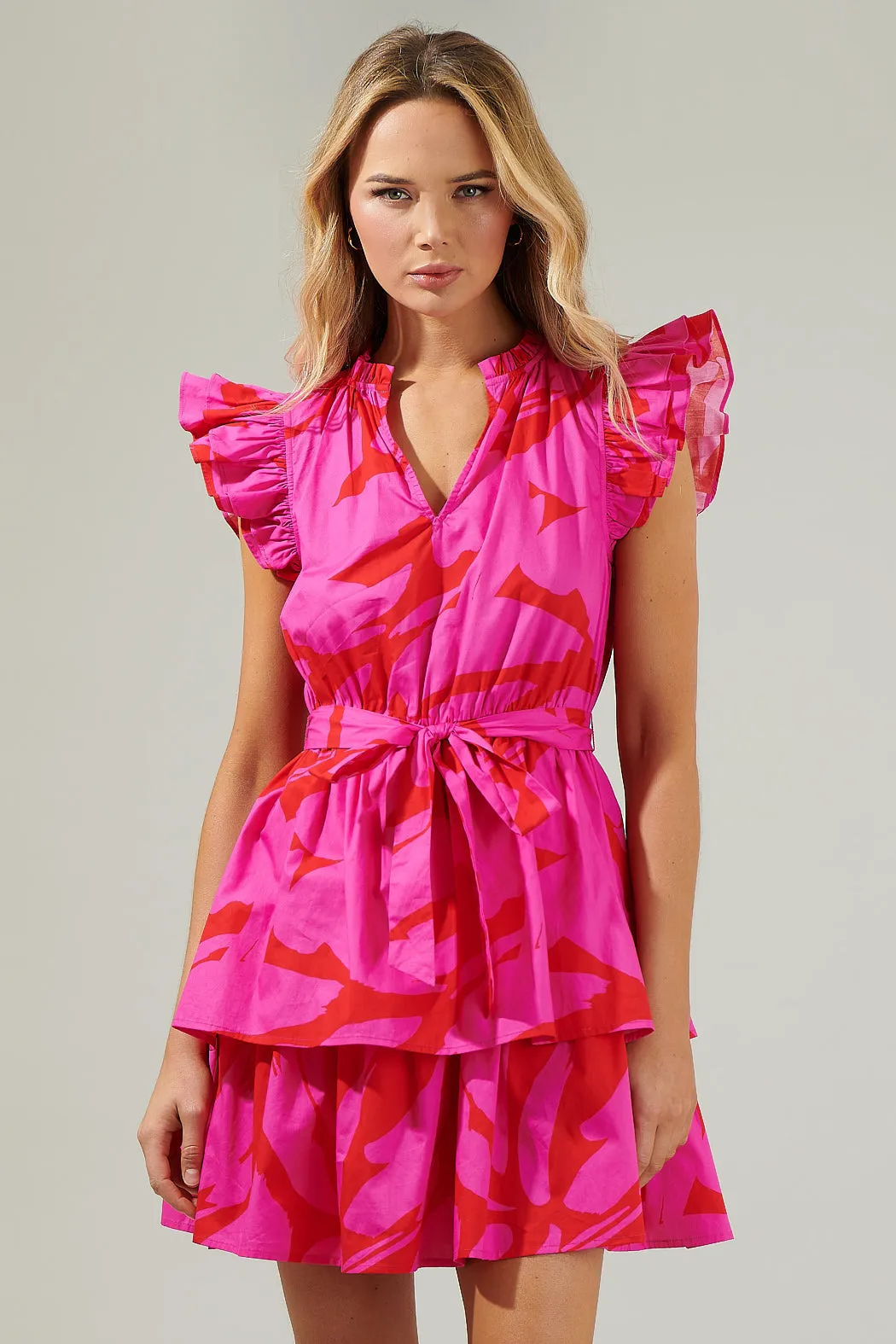 Jolene Abstract Marisol Tiered Mini Dress sold by Sugarlips