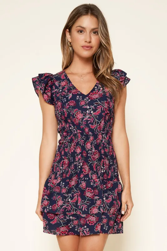 Aurora Floral Smocked Ruffle Mini Dress sold by Sugarlips