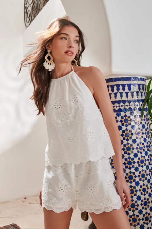 Aislyn Scalloped Eyelet Halter Romper sold by Sugarlips