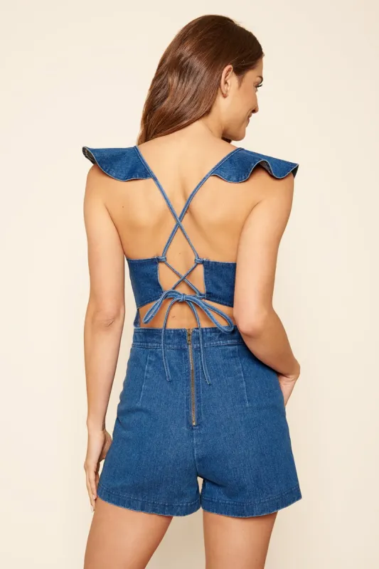 Lucki Denim Open Back Romper sold by Sugarlips