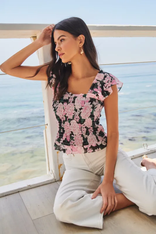 Angelica Floral Frolic Square Neck Smocked Front Top sold by Sugarlips