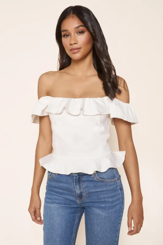 Evie White Denim Peplum Cropped Top sold by Sugarlips