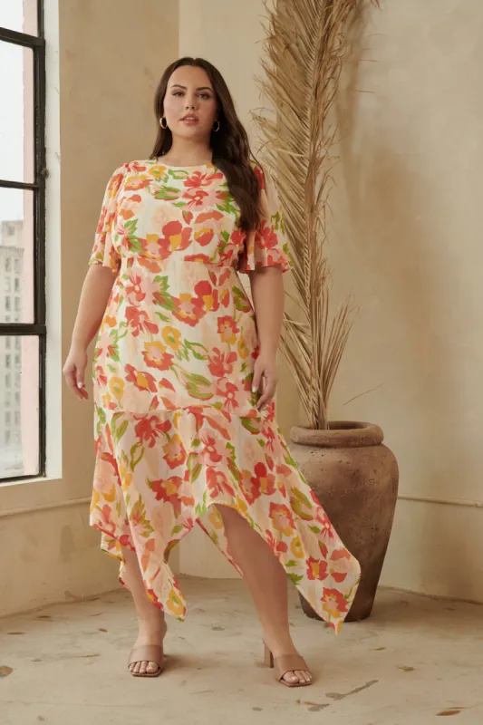 Kailua Floral Aerin Asymmetrical Flutter Midi Dress Curve sold by Sugarlips
