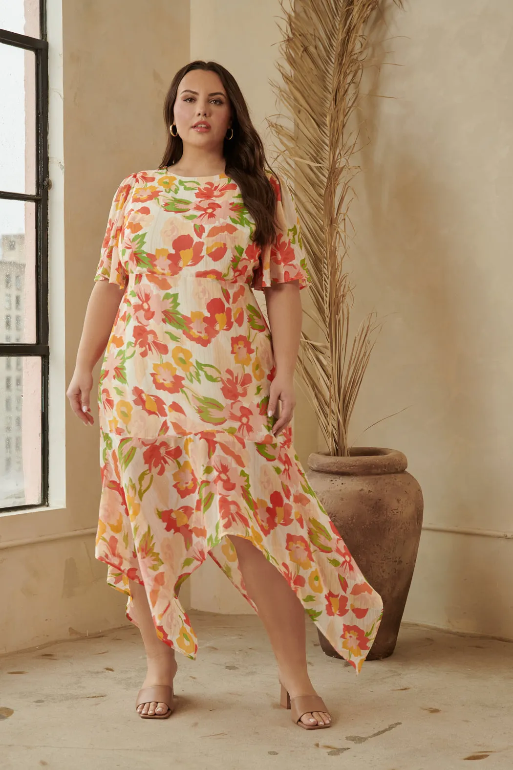 Kailua Floral Aerin Asymmetrical Flutter Midi Dress Curve sold by Sugarlips