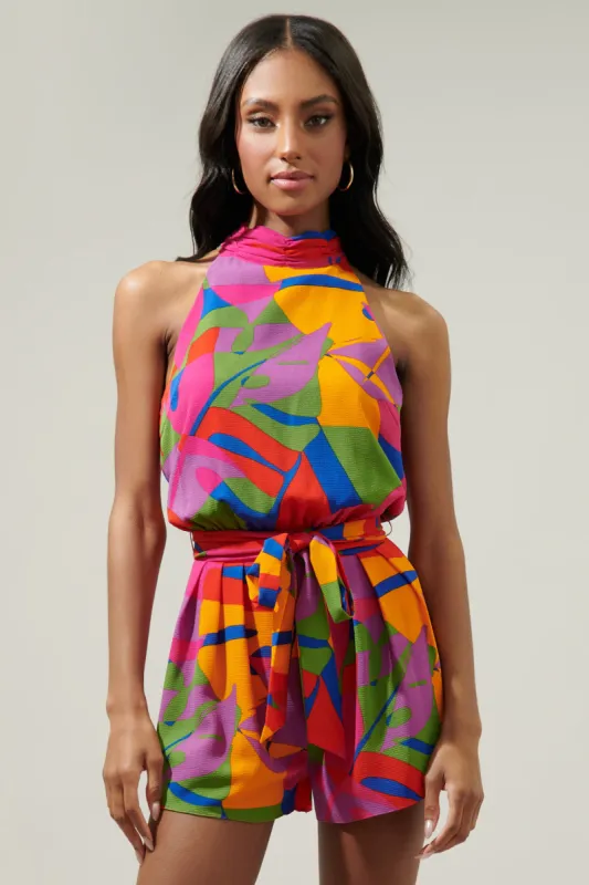 Soleil Abstract Jenee Halter Tie Neck Romper sold by Sugarlips