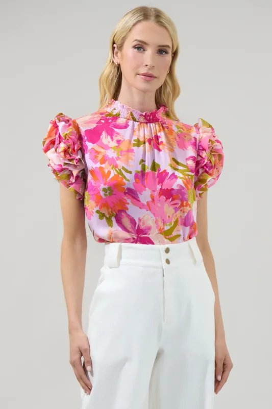 Abigal Floral Brenna Mock Neck Ruffle Blouse sold by Sugarlips