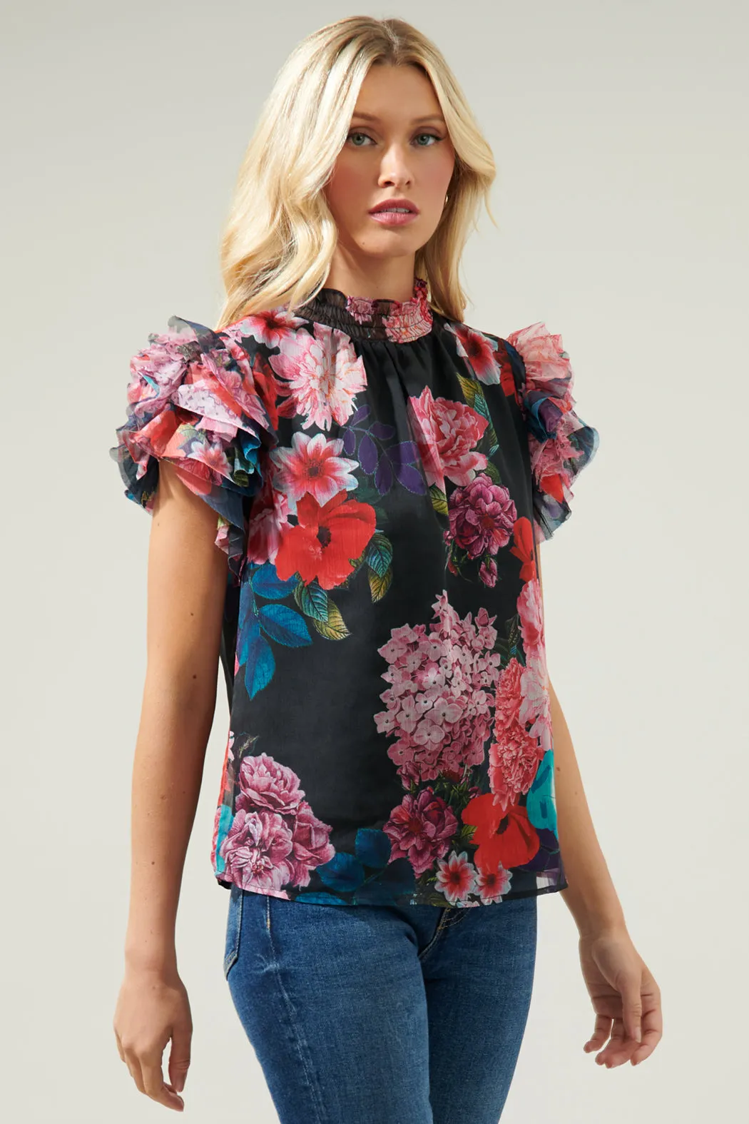 Ivy Floral Brenna Mock Neck Ruffle Blouse sold by Sugarlips product image thumbnail 3