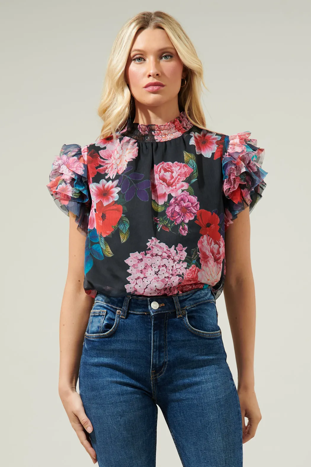 Ivy Floral Brenna Mock Neck Ruffle Blouse sold by Sugarlips