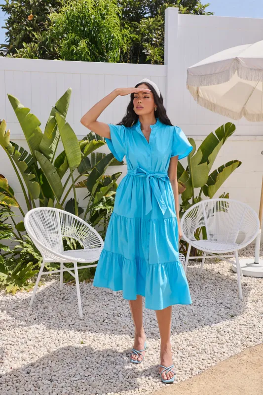 Bellucci Poplin Button Front Tiered Midi Dress sold by Sugarlips