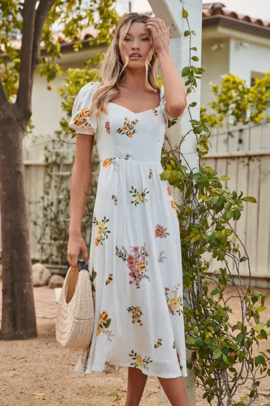 Priya Floral Alessi Puff Sleeve Midi Dress sold by Sugarlips