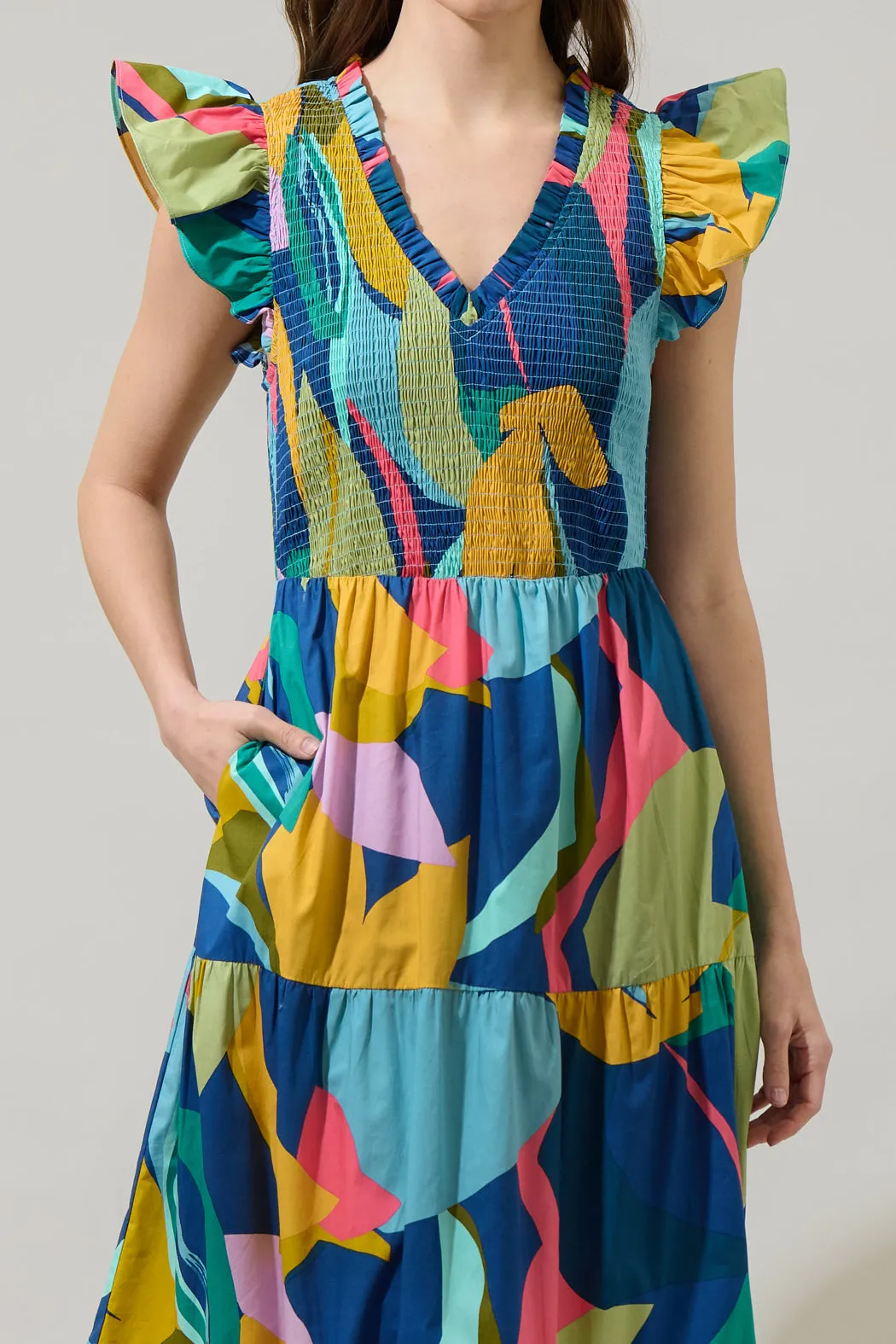 Gia Abstract Sunfire Smocked Bodice Tiered Midi Dress sold by Sugarlips product image thumbnail 5