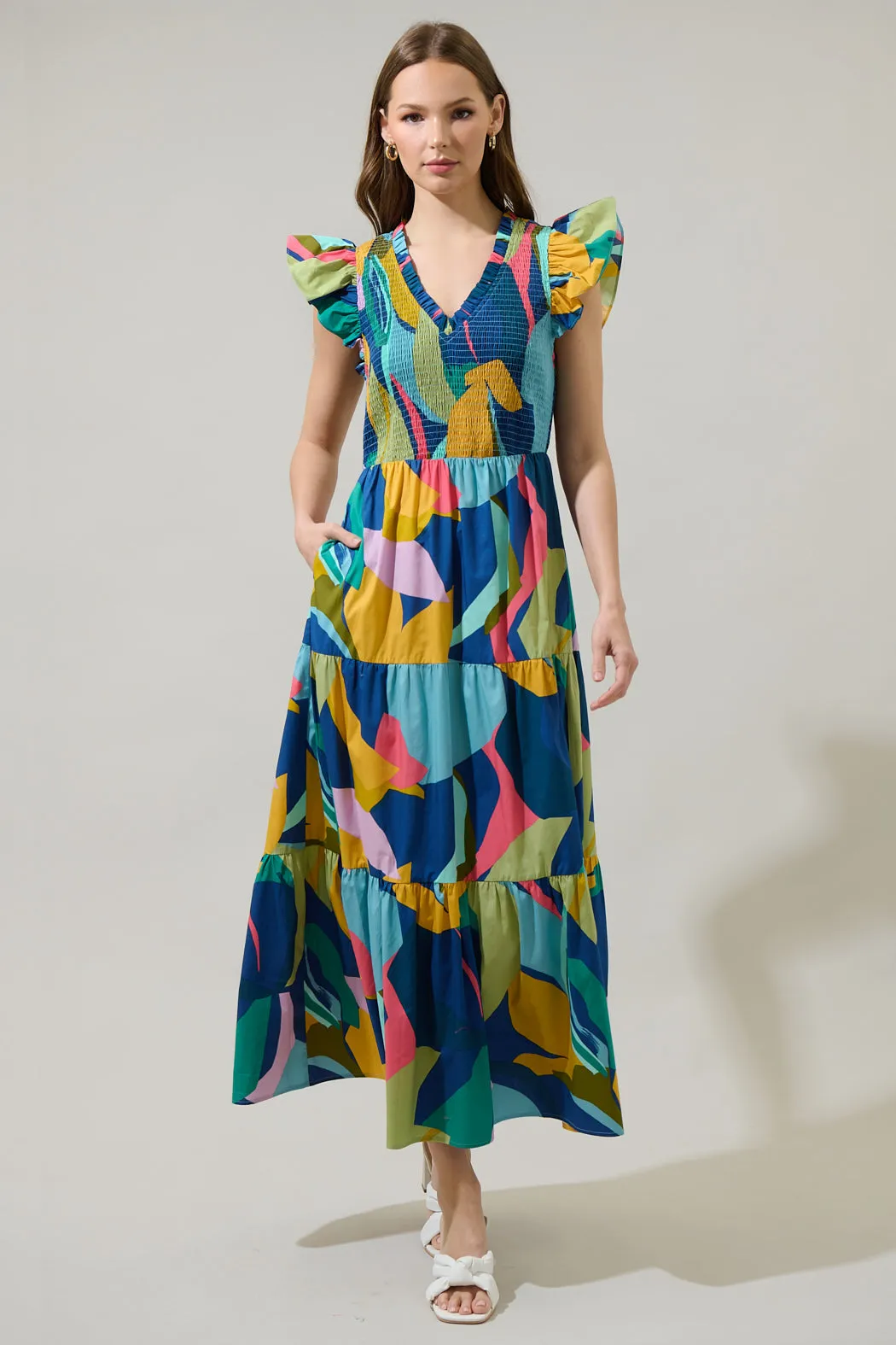 Gia Abstract Sunfire Smocked Bodice Tiered Midi Dress sold by Sugarlips product image thumbnail 2