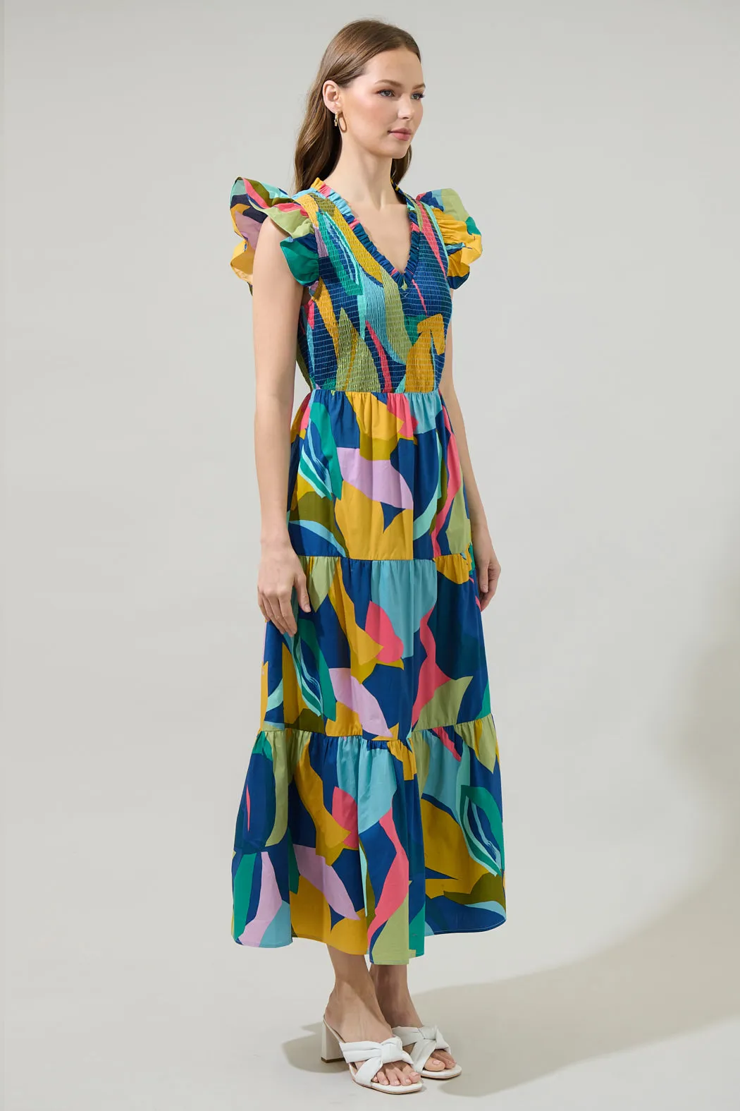 Gia Abstract Sunfire Smocked Bodice Tiered Midi Dress sold by Sugarlips product image thumbnail 4