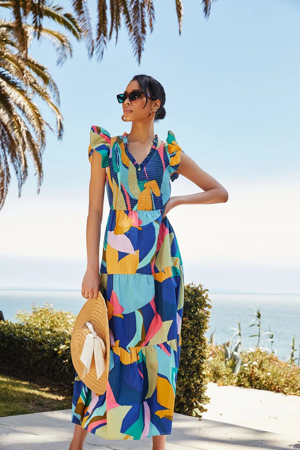 Gia Abstract Sunfire Smocked Bodice Tiered Midi Dress sold by Sugarlips