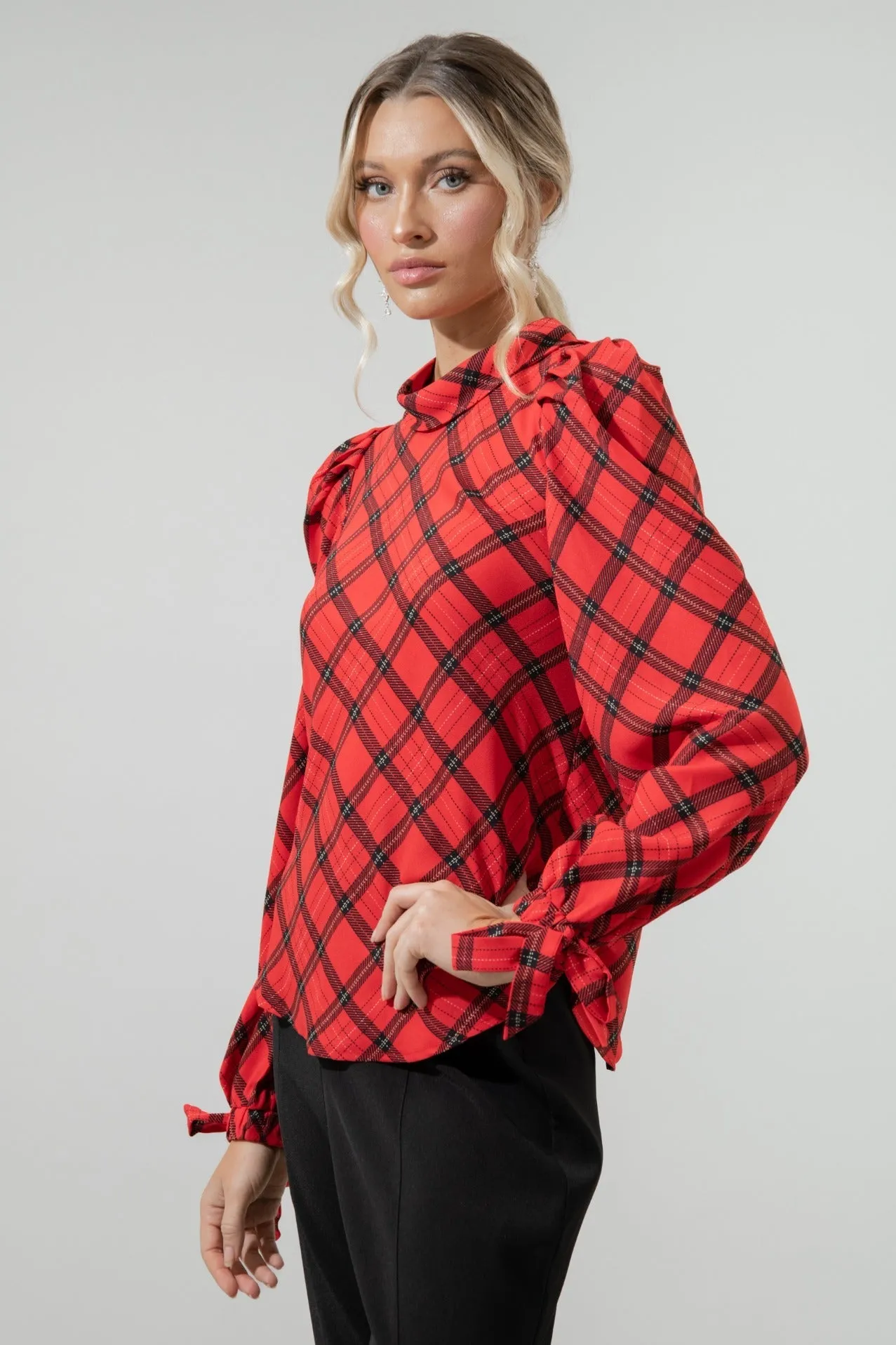 Hartland Tartan Plaid Mock Neck Button Back Blouse sold by Sugarlips product image thumbnail 4
