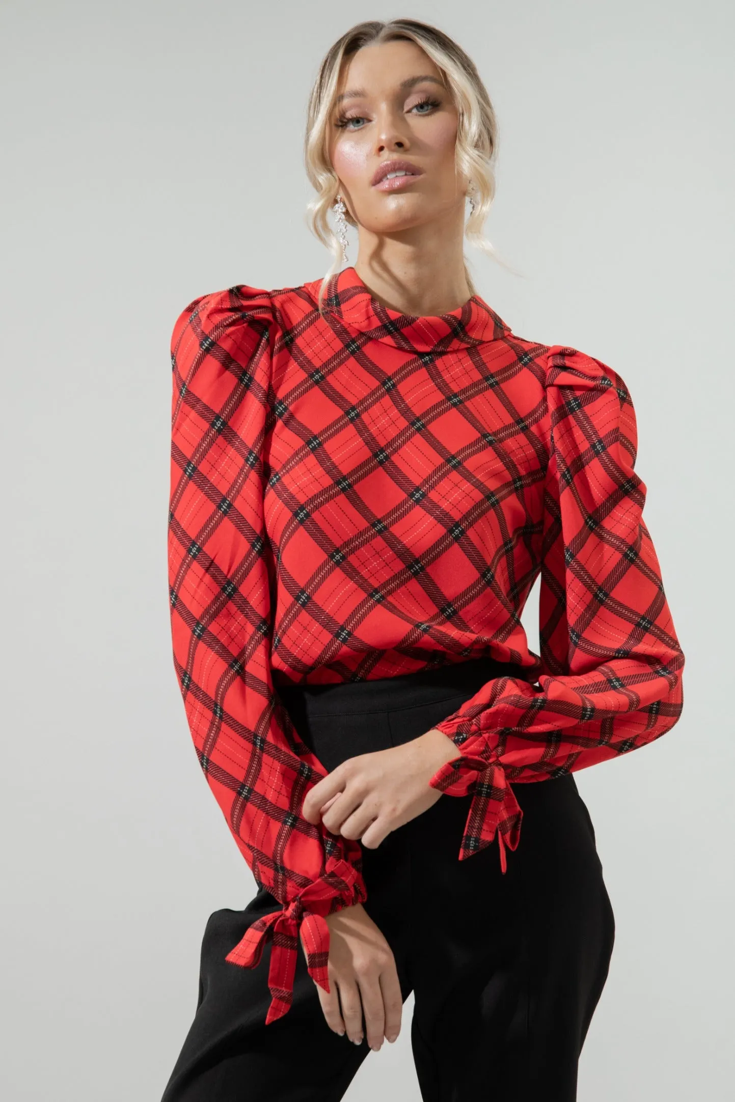 Hartland Tartan Plaid Mock Neck Button Back Blouse sold by Sugarlips