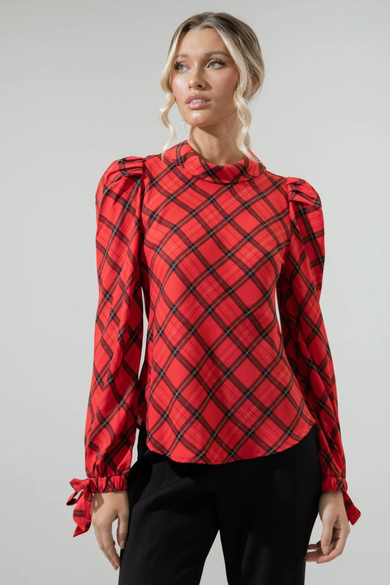 Hartland Tartan Plaid Mock Neck Button Back Blouse sold by Sugarlips product image thumbnail 3