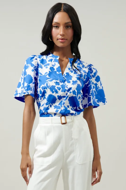 Marinelle Floral Poplin Chrissy Split Neck Top sold by Sugarlips