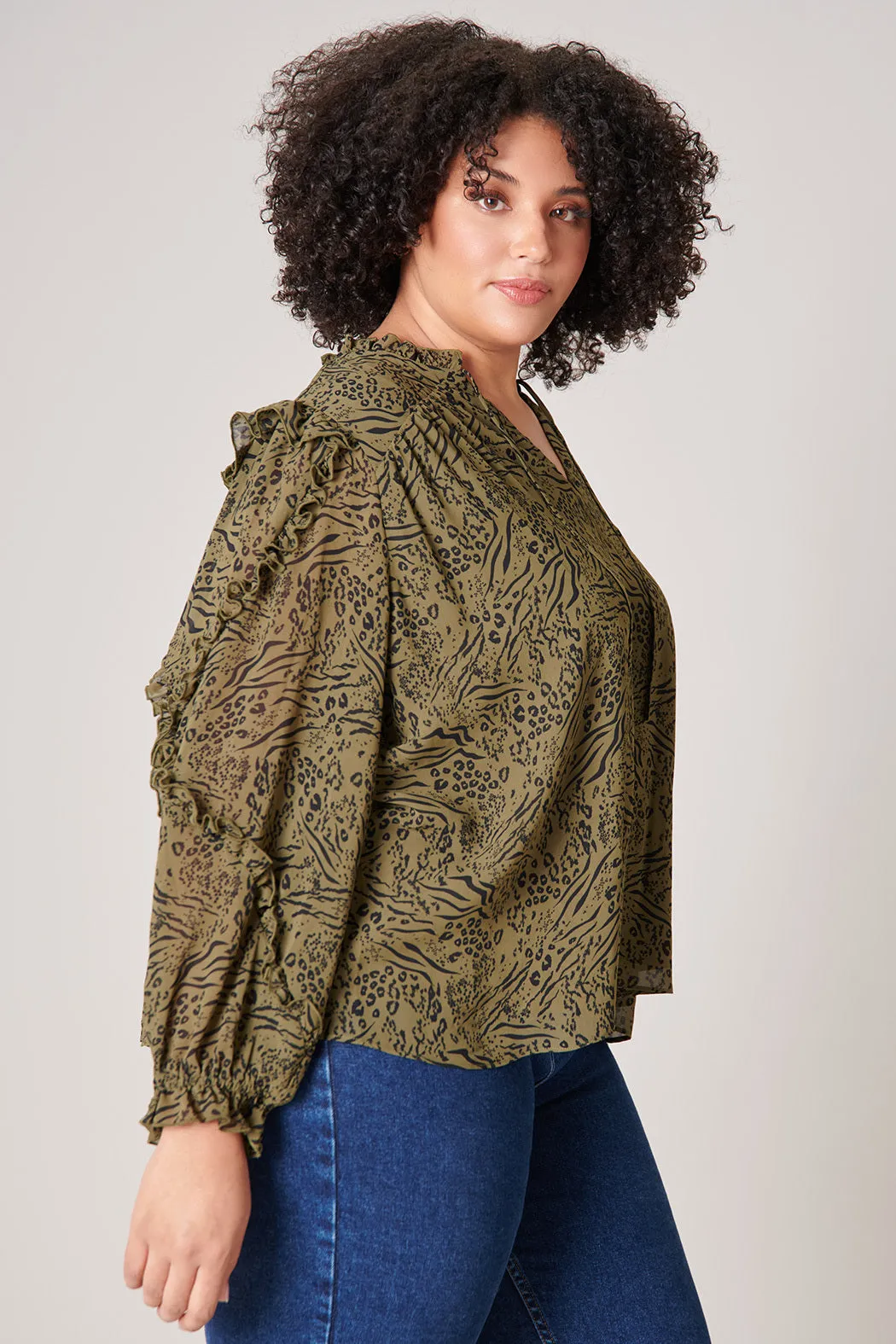 Leonna Olive Leopard Raj Ruffle Balloon Sleeve Blouse Curve sold by Sugarlips product image thumbnail 3