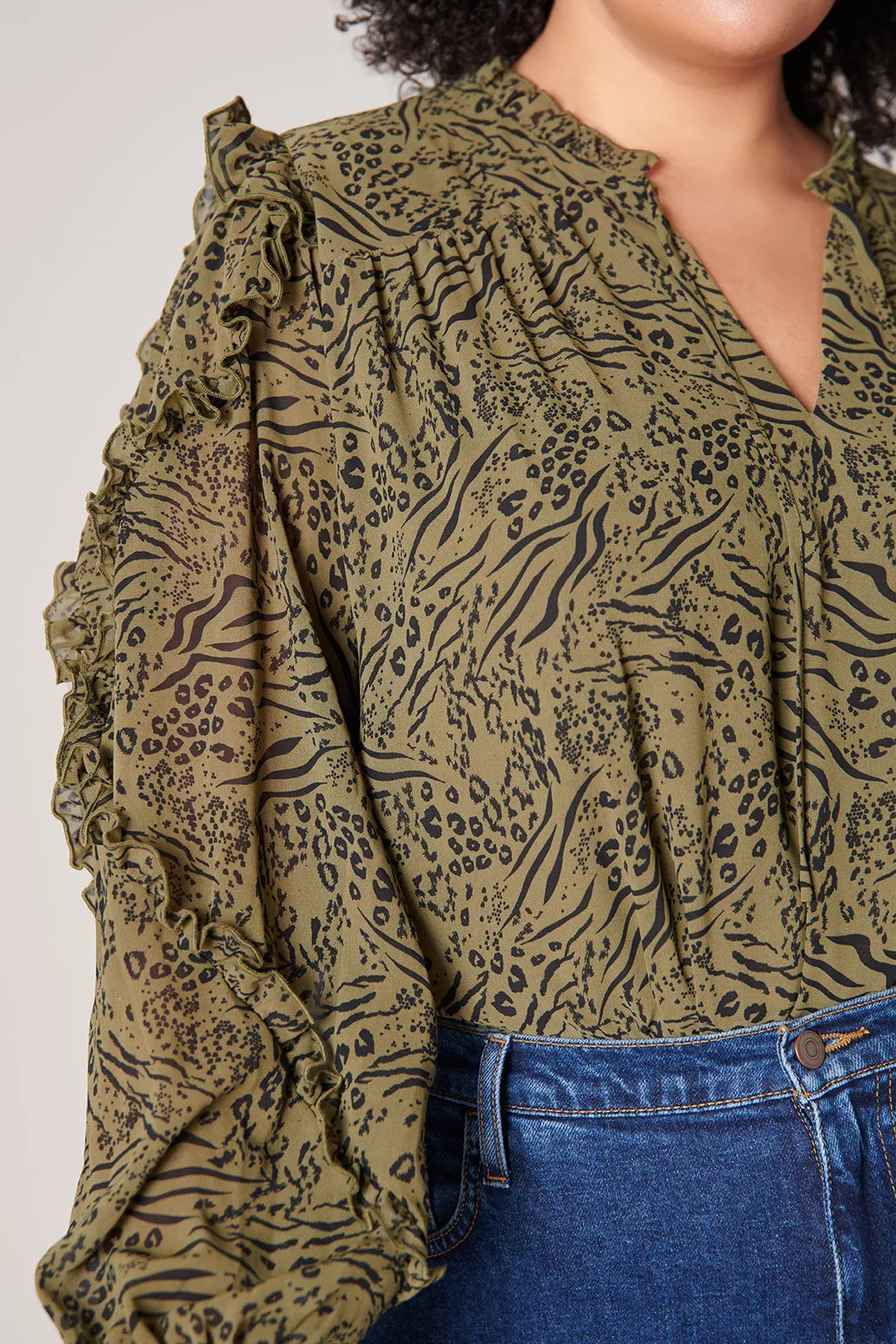 Leonna Olive Leopard Raj Ruffle Balloon Sleeve Blouse Curve sold by Sugarlips product image thumbnail 5