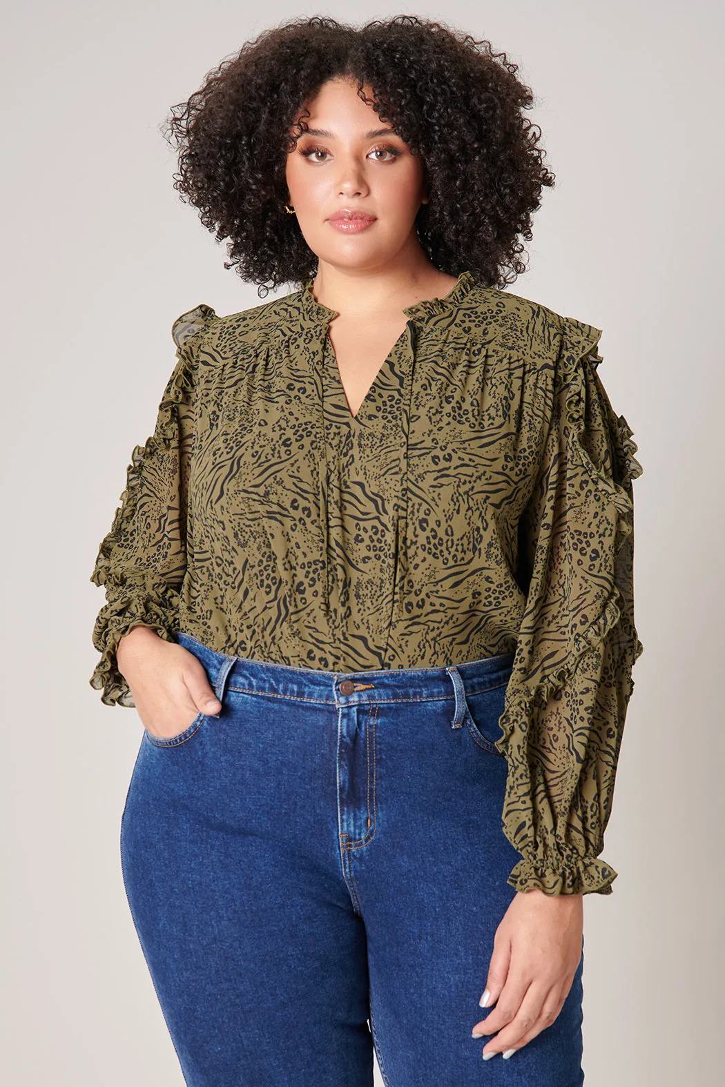 Leonna Olive Leopard Raj Ruffle Balloon Sleeve Blouse Curve sold by Sugarlips