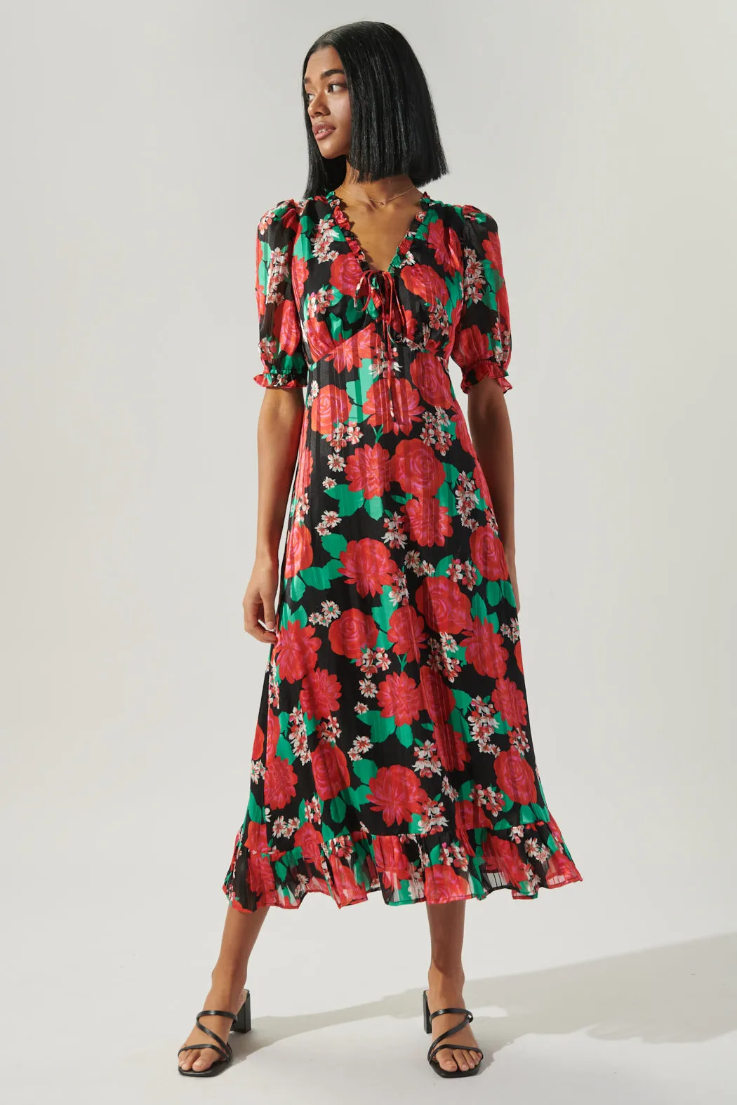 Rosabella Midi Puff Sleeve V Neck Dress sold by Sugarlips