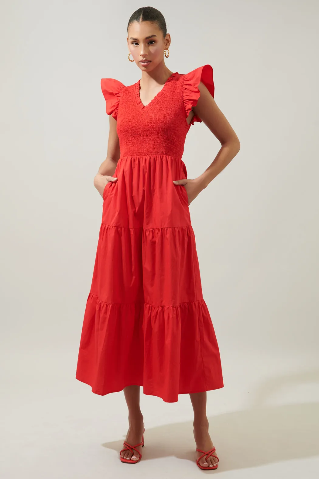 Sunfire Smocked Bodice Tiered Midi Dress sold by Sugarlips