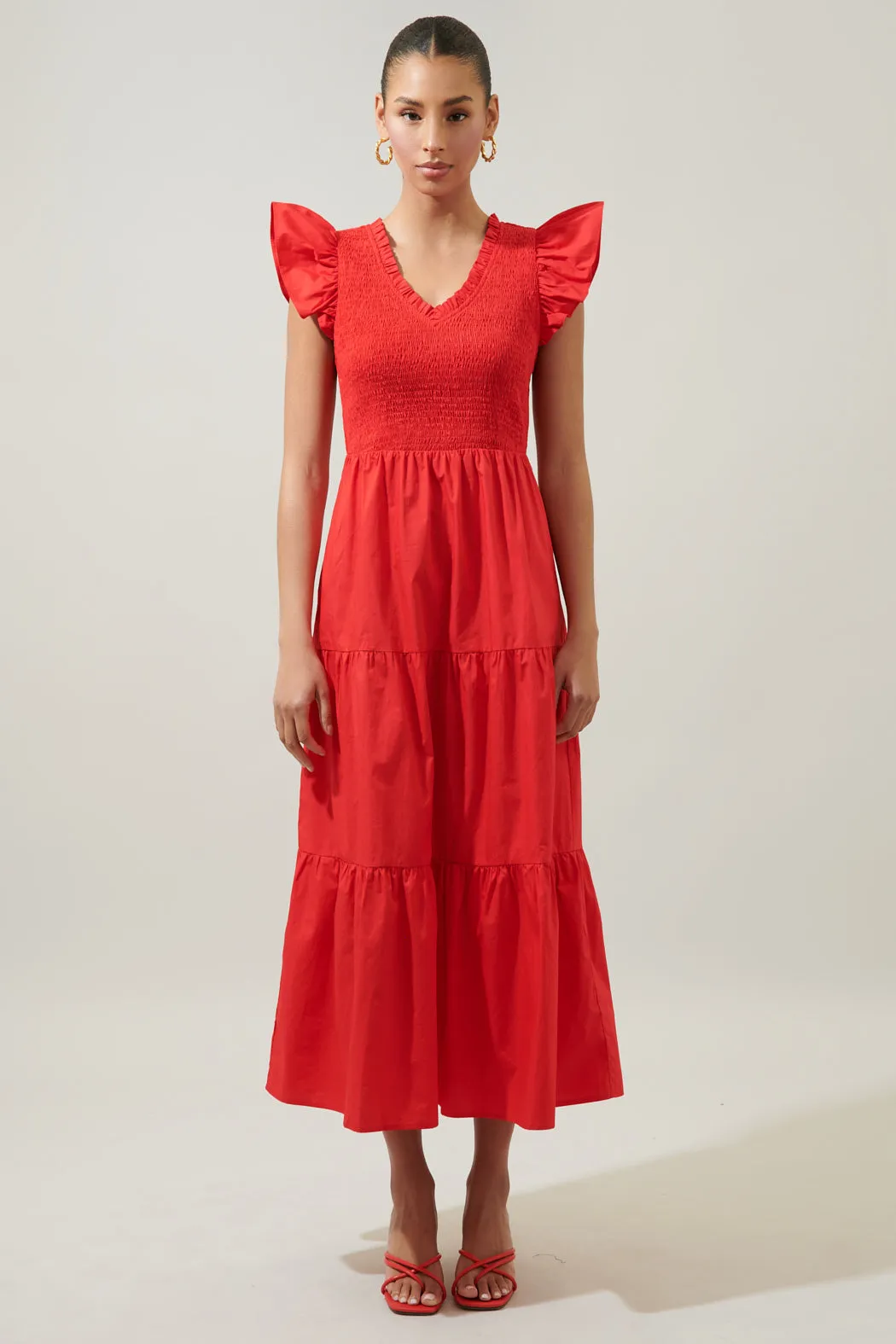 Sunfire Smocked Bodice Tiered Midi Dress sold by Sugarlips product image thumbnail 4