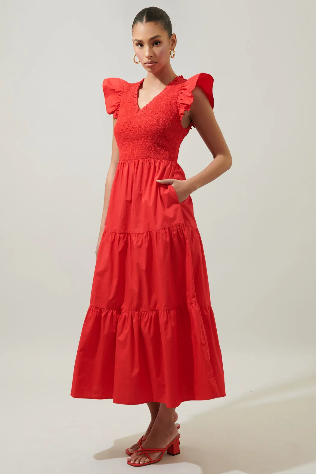 Sunfire Smocked Bodice Tiered Midi Dress sold by Sugarlips product image thumbnail 3