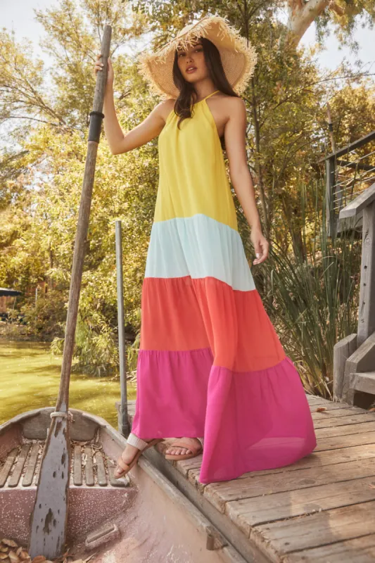 Rainbow Rays Bright Colorblock Maxi Dress sold by Sugarlips