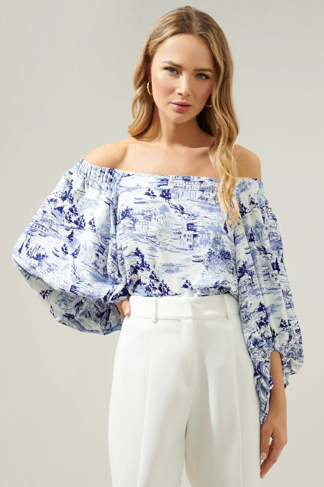 Francine Toile Sky Off the Shoulder Balloon Sleeve Top sold by Sugarlips