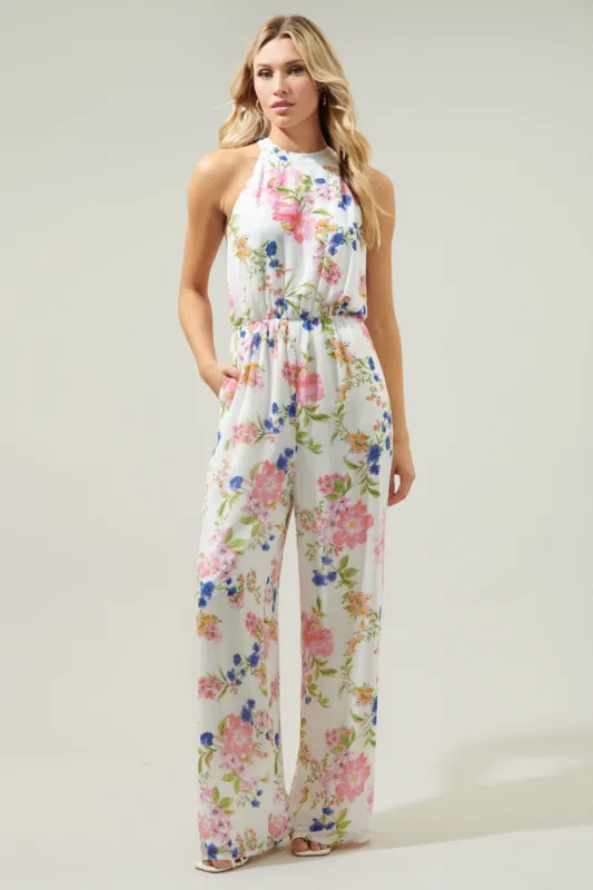Wildheart Floral Merci Tie Back Wide Leg Jumpsuit sold by Sugarlips
