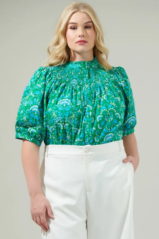 Alina Floral Smocked Mock Neck Top Curve sold by Sugarlips