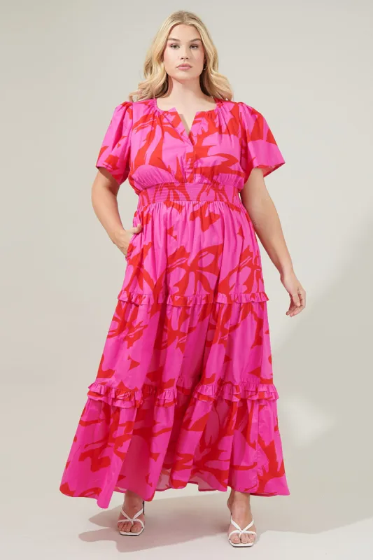 Jolene Abstract Palmer Poplin Tiered Maxi Dress Curve sold by Sugarlips