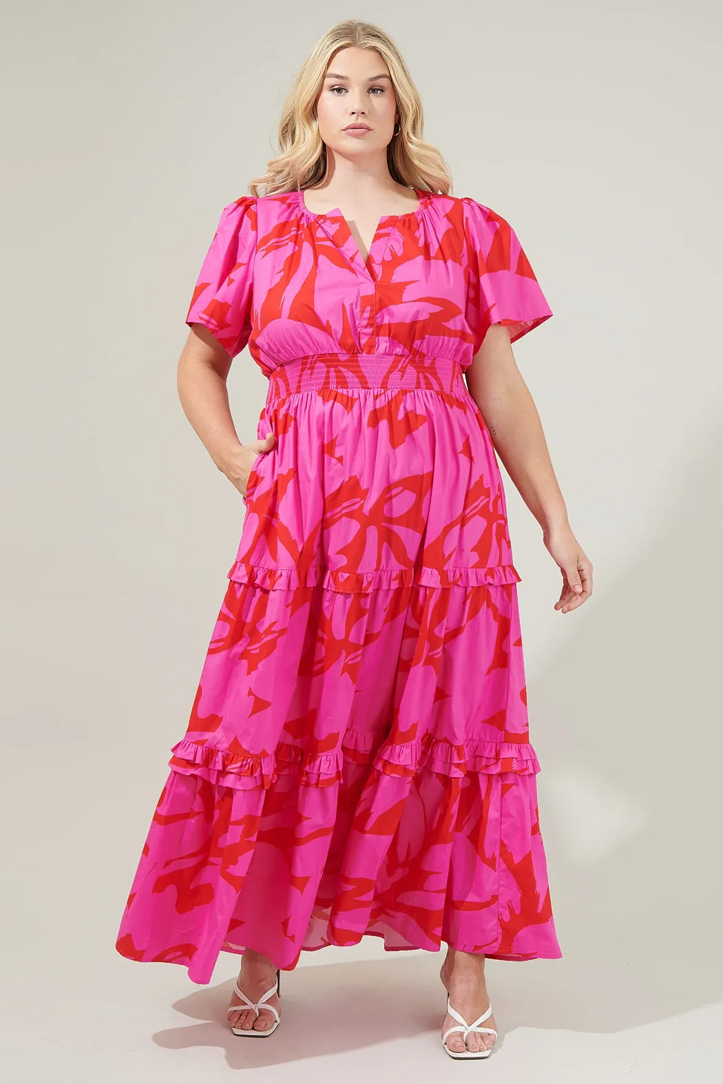Jolene Abstract Palmer Poplin Tiered Maxi Dress Curve sold by Sugarlips