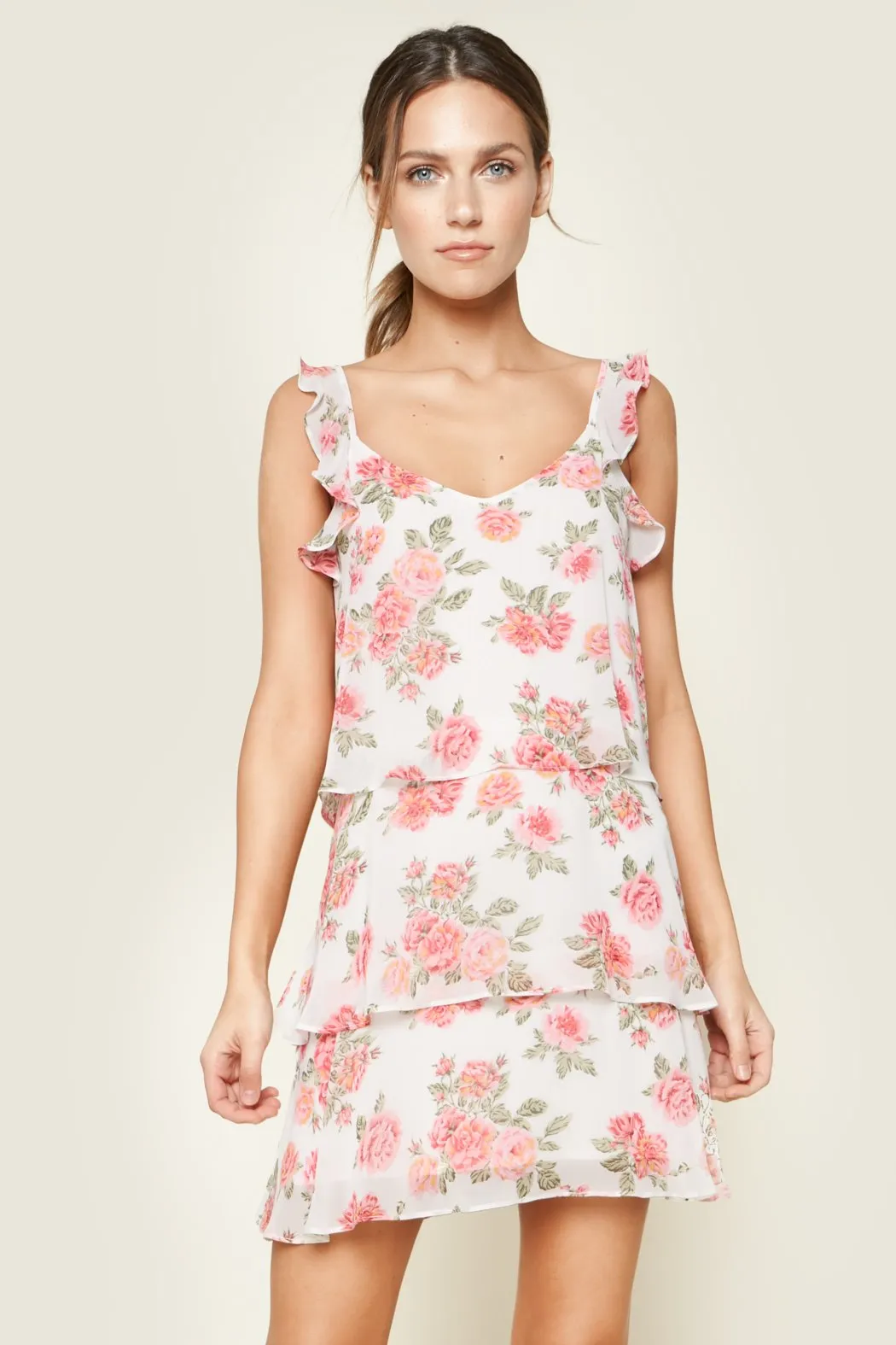 Garden Of Roses Floral Print Tiered Ruffle Mini Dress sold by Sugarlips