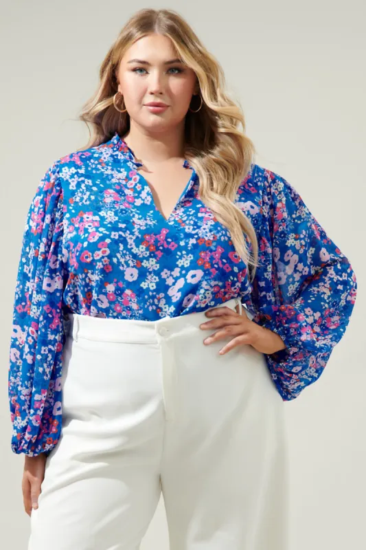 Junie Floral Hathaway Split Neck Long Sleeve Blouse Curve sold by Sugarlips