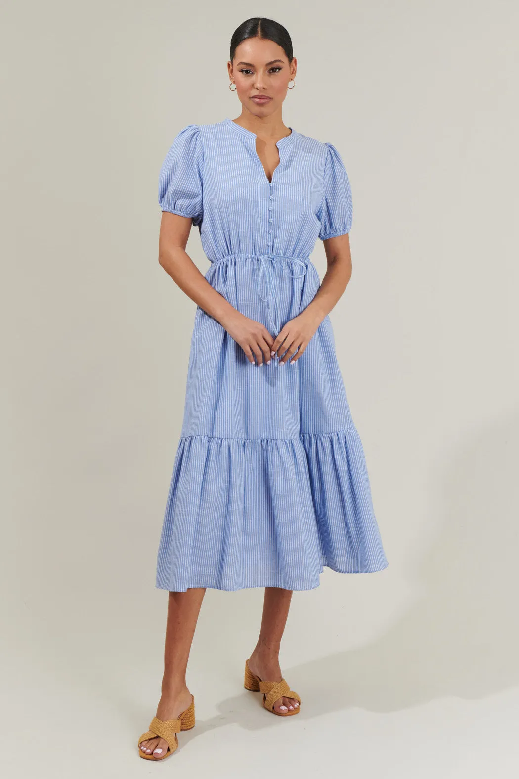 Zephyr Ticking Stripe Waist Tie Midi Dress sold by Sugarlips