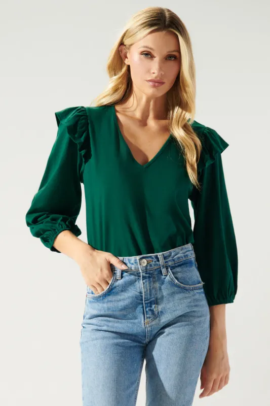 Quinn V Neck Ruffle Puff Sleeve Cotton Knit Top sold by Sugarlips