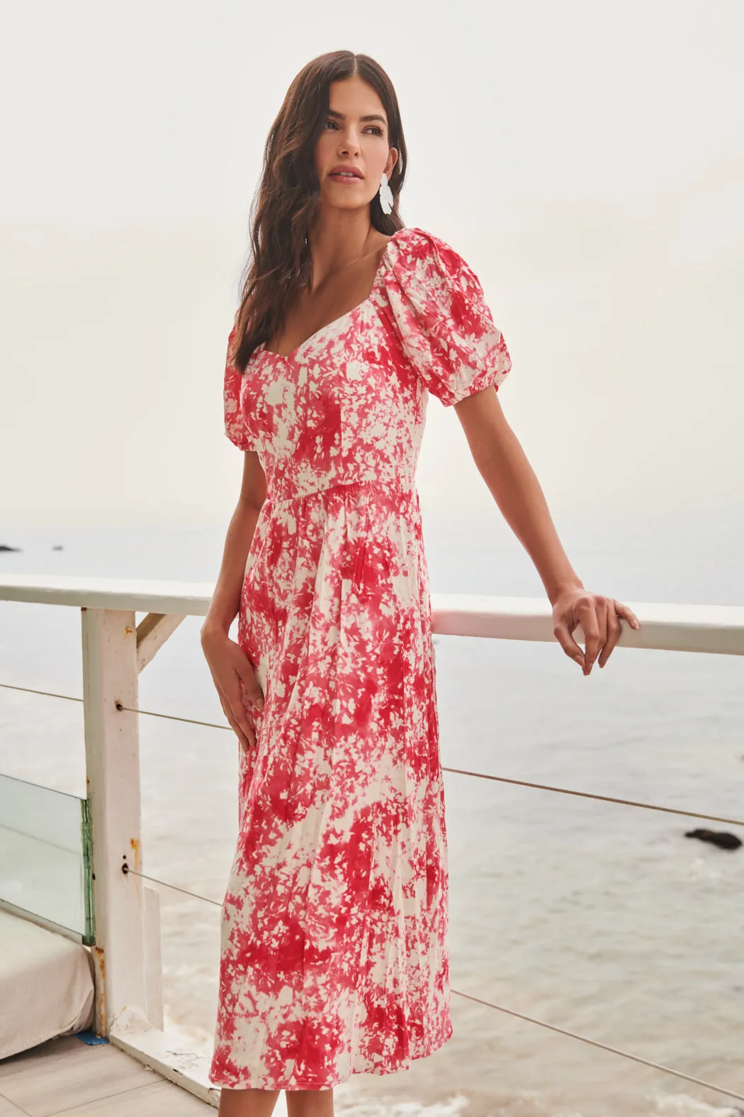 Coral Crush Alessi Puff Sleeve Midi Dress sold by Sugarlips